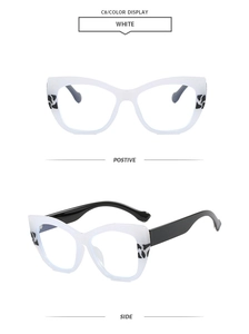Vues détaillées de lunettes œil-de-chat blanches avec motifs léopard sur branches noires