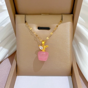 Apple Shape Pendant Necklace Stainless Steel Chain Copper Cat Eye Stone Zircon Inlaid Jewelry Gift For Women