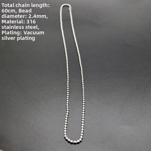 Detailed view of 60cm stainless steel ball chain necklace with 2.4mm beads in silver finish