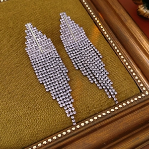 Detail view of long silver tassels earrings with lavender rhinestones on green fabric