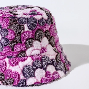 Winter floral plush bucket hat in purple and white with thick soft fuzzy faux fur texture