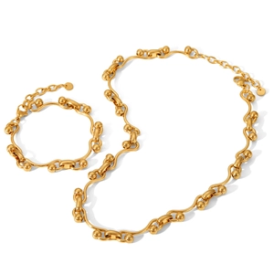 Gold horseshoe link necklace and bracelet set in polished stainless steel for women
