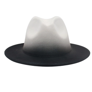 Detailed texture of black and white gradient wool felt fedora with a smooth finish