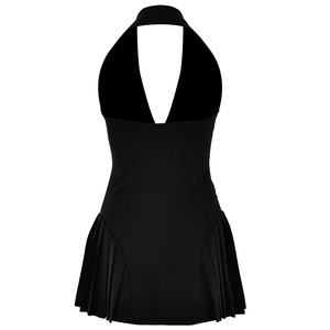 Rear view of a black halter mini dress featuring an open back and pleated skirt hem