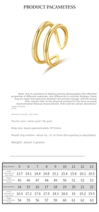 Size chart for 925 sterling silver double layer ring with diameter and circumference specs