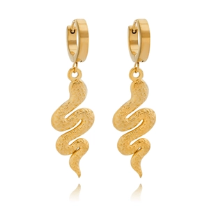 Close-up of golden snake drop earrings with textured details and mirror reflection
