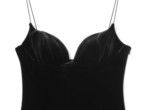 Close-up of black velvet bodysuit featuring slim straps and a hidden side zipper