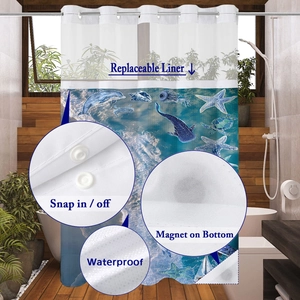 Detail of waterproof ocean shower curtain with snap-in liner and magnetic weighted hem