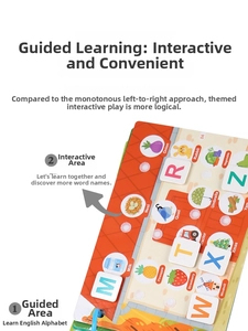 Detail of alphabet learning quiet book with interactive velcro stickers and cartoons