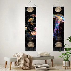 Nordic style luminous jellyfish and moon tapestries with black tassels for wall decor
