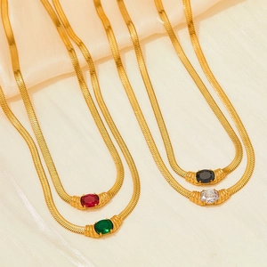 Stainless Steel Necklace Gold Plated Flat Herringbone Snake Chain With Oval Gemstone Pendant Elegant Fashion Jewelry For Women