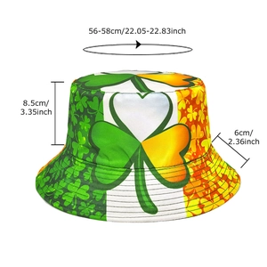 St. Patrick's Day bucket hat with shamrock print and size details for party