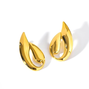 Polished gold stainless steel teardrop earrings with abstract geometric wing design