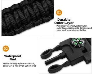 Detail of outdoor survival bracelet with compass buckle and waterproof flint fire starter