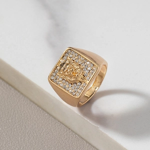 Hip hop lion head ring with gold plated square face and sparkling crystals