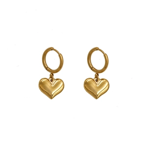 Polished gold heart drop earrings in minimalist stainless steel with circular hoops