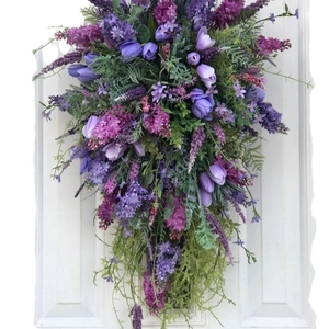 Spring purple tulip and lavender faux floral wreath for home front door decoration
