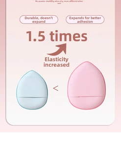 Detailed comparison of mini finger puff showing 1.5x expansion when wet for makeup application