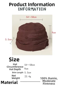 Tableau des tailles détaillé du chapeau en ramie léger avec tour de tête de 54-58cm et 23,4g