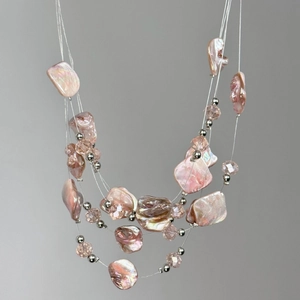 Multi-layer pink irregular shell bead necklace with silver metal accents for women