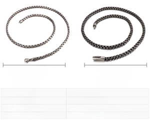 Detail showing vintage black stainless steel box chains with dimensions and weight specs