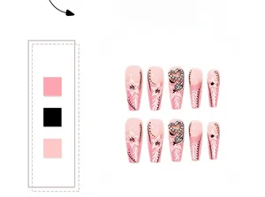 Détails des faux ongles longs coffin avec dégradé rose et strass argentés en forme de coeur