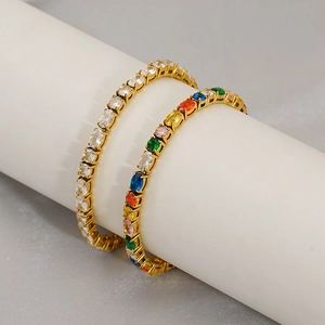 Stainless Steel Tennis Bracelet 18K Gold Plated Oval Multi Color Zircon Adjustable Elegant Jewelry For Women