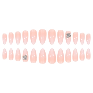 Faux ongles amande rose nude dégradé avec nœuds en strass en lot de 24 pièces