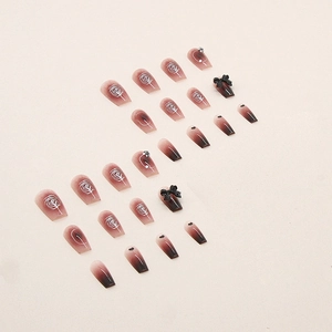 Red gradient coffin press-on nails with rose patterns, bows, and pearls, 24-piece set