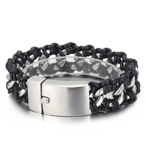 Men Braided Leather Bracelet Stainless Steel Polished Cuban Chain Retro Punk Style Masculine Wristband Jewelry Gift