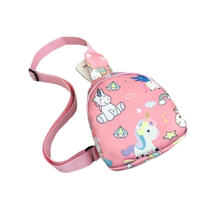 Pink kids chest bag with colorful unicorn and rainbow cartoon prints and adjustable strap