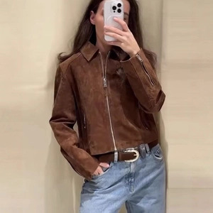 Women Faux Suede Jacket Short Zipper Lapel Casual Streetwear Long Sleeve Solid Outerwear Warm Autumn Winter Coat