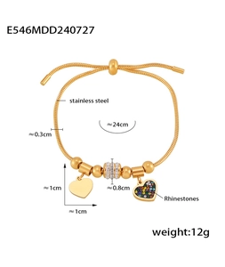 Detail of adjustable gold bolo bracelet with heart charms and dimensions
