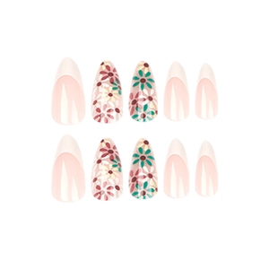 Faux ongles fleurs de style français de forme amande longue avec marguerites rouges et bleues