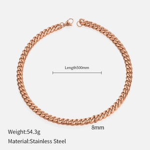 Close-up of 8mm rose gold Cuban chain link necklace with size and weight dimensions