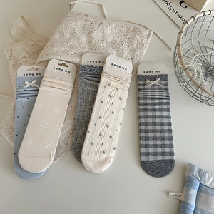 Women Mid Calf Socks Combed Cotton Bow Tie Polka Dot Floral Lace Slouchy Japanese Sweet Style Soft Breathable