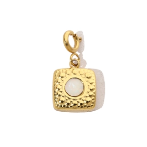 Close-up of golden square pendant with hammered texture and white opal stone