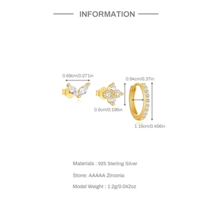 Detailed size specifications for the gold-plated S925 silver flower stud and hoop set