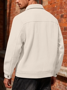 Back view of a men's corduroy jacket in cream white showing fabric texture and tailoring