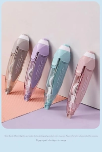 Detailed view of Morandi-colored PET correction tapes in gray, purple, blue, and pink colors