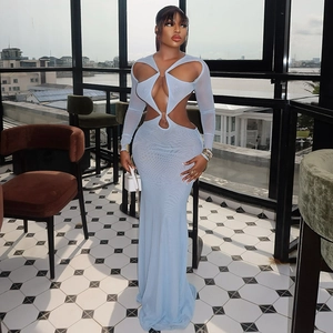 Women Cut Out Maxi Dress Long Sleeve Backless Metal Ring Bodycon Knitted Mesh Elegant Solid Color Party Wear