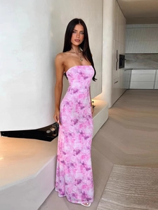 Pink floral strapless maxi dress with slimming fit for elegant summer vacation style
