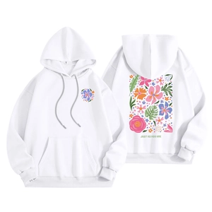 Felpa con cappuccio bianca in pile unisex con stampe floreali colorate e coulisse