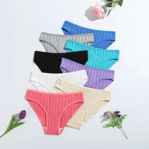 Set of 8 colorful cotton ribbed low-waisted panties for women in various soft pastel colors