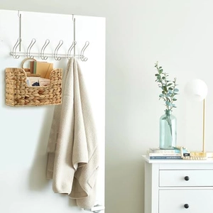 Hanging woven seagrass basket and stainless steel door hook rack set for home organization