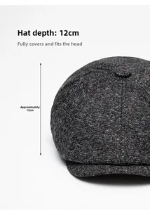 Detail shot of 12cm deep crown on dark grey tweed newsboy cap for winter warmth