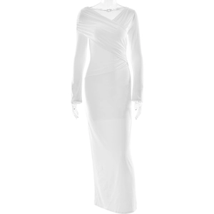 Elegant white off-shoulder long sleeve dress with ruched details and a slim fit bodycon silhouette