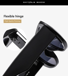 Close-up of flexible hinges and black glossy temples on large frame sunglasses