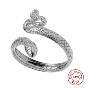 Minimalist S925 sterling silver open snake ring with detailed scale texture on white background