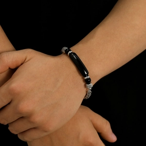 Hip hop men's bracelet with black tiger eye beads and silver stainless steel chain detail